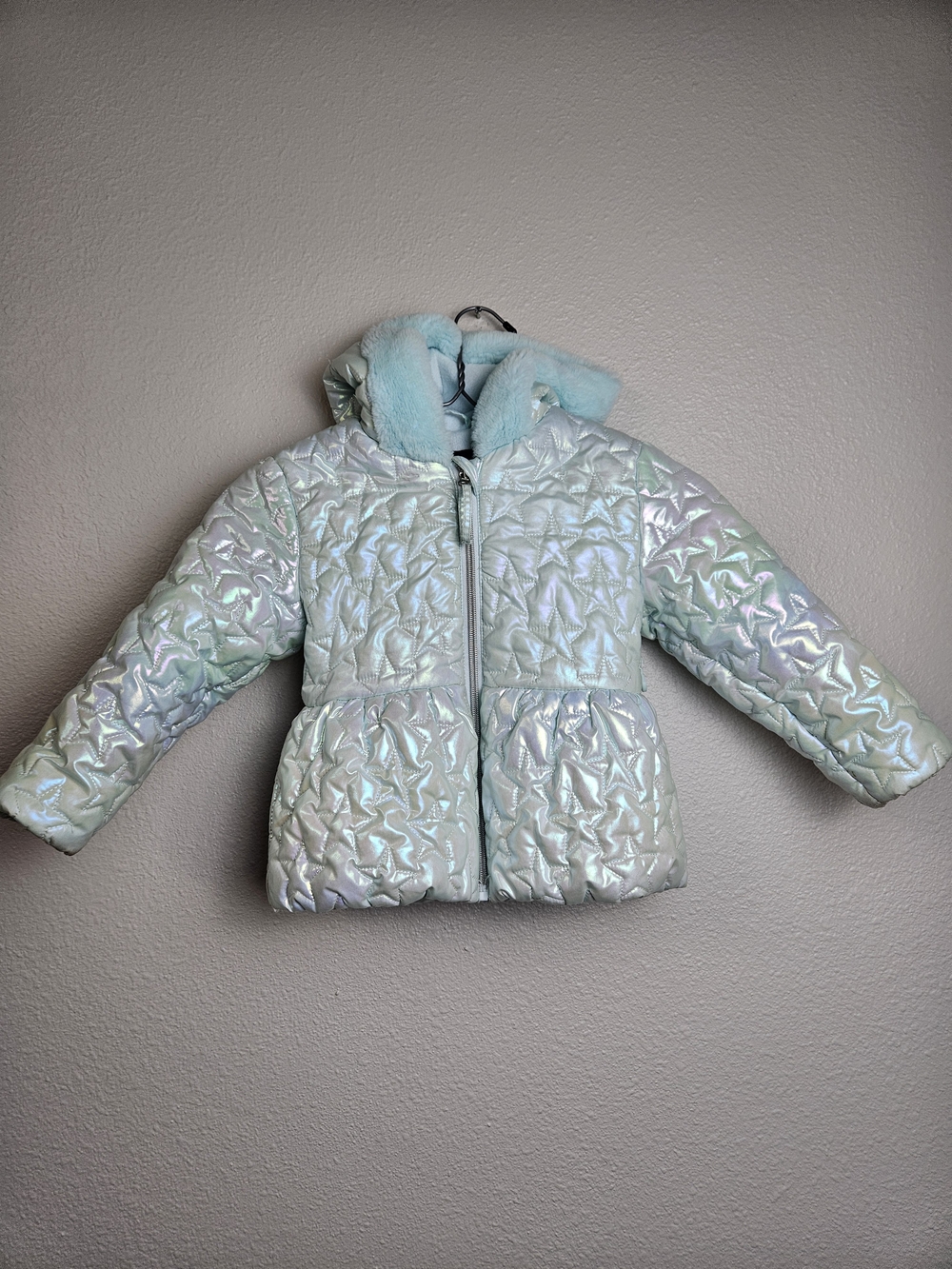 Rothschild Iridescent Girls Light Blue Puffer Jacket with Faux Fur Hood 3T